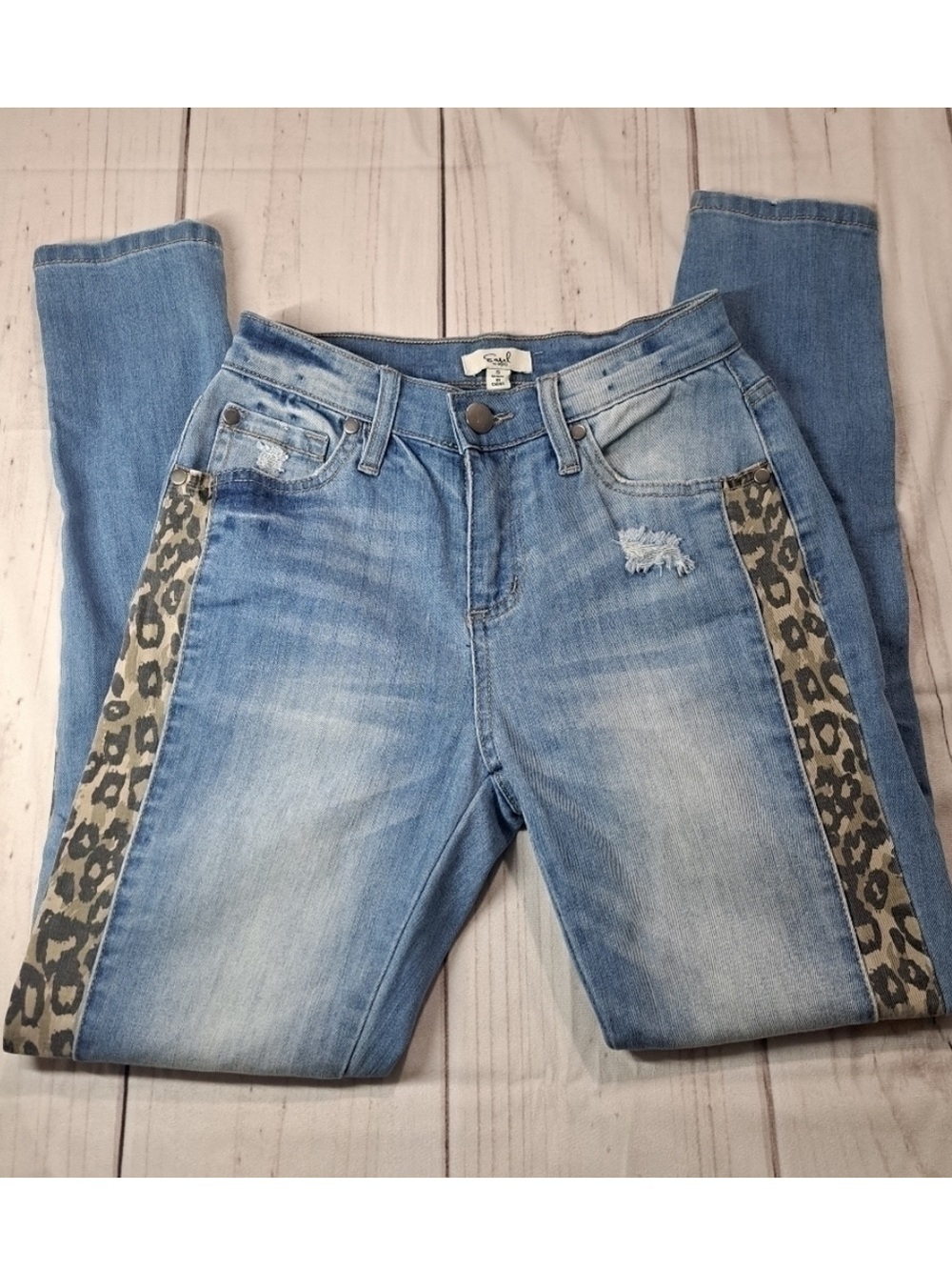 Easel skinny leg distressed Jeans with Leopard accents